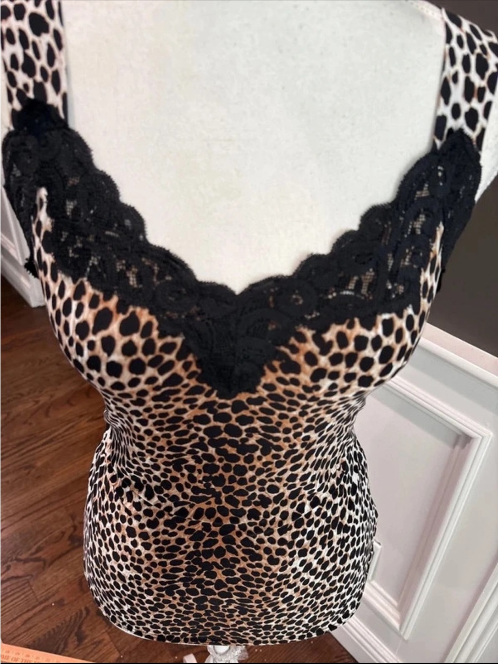 White House Black Market Leopard-Print Lace-Trim Tank in Black and Tan
